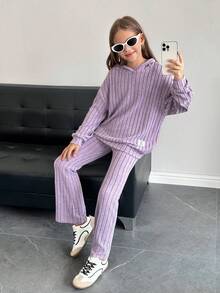 SHEIN Bộ áo nỉ có mũ trùm đầu dệt kim và quần ống loe thường ngày cho bé gái tuổi mới lớn, trang phục mùa đông - Màu tím - Xem 5