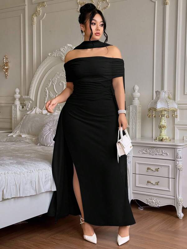 Roveilla Vestido elegante y fluido con hombros descubiertos, abertura y espalda descubierta, ideal para fiestas y uso diario, tallas grandes para mujeres