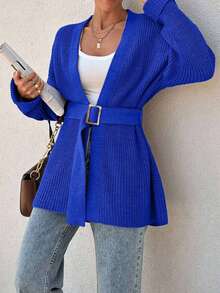EURMUSE Women Oversize Asymmetric Shaped With Belt Detailed Rib Knitted Cardigan - Blue - View 3