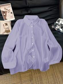 SHEIN Clasi Plus Size Casual White Sheer Blouse With Bowknot - Mauve Purple - View 2