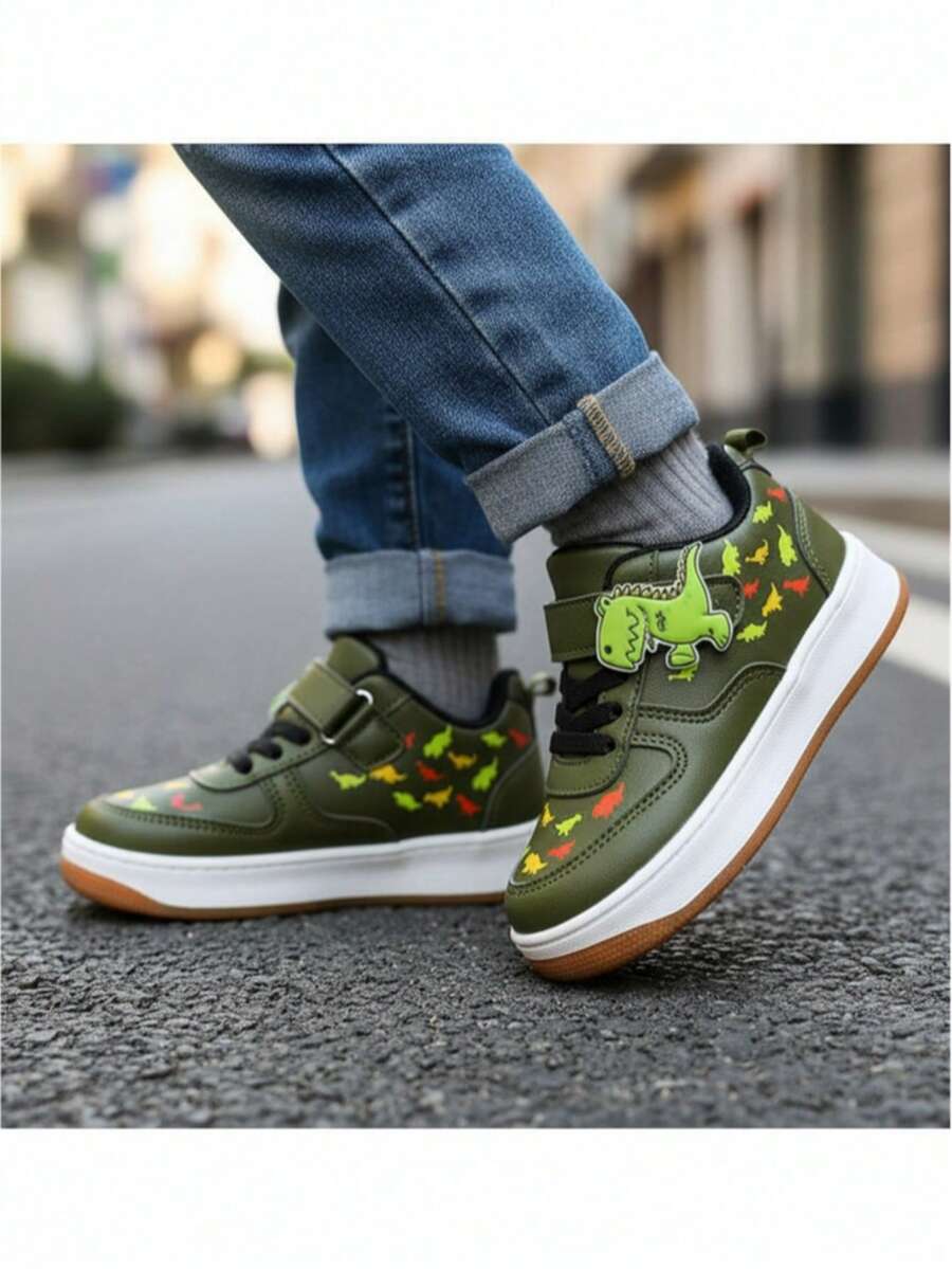 Tenis infantiles unisex casuales con estampado de dinosaurio material sintético diseño ancho punta redonda corte bajo primavera otoño para deporte y recreo - Verde - Ver 1
