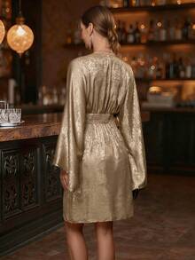 EMERY ROSE 1 peça vestido curto feminino elegante casual festa/deslocamento tecido metálico folha cintura apertada manga assimétrica decote em v para roupas de festa de fim de ano novo