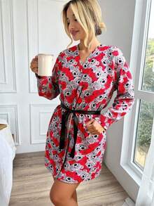 EURMUSE Women Contrast Colour Bow Pattern Homewear Basic Robe - Black - View 4