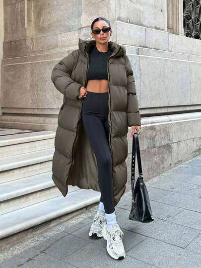 EURMUSE Contrast Zip And Puller Detailed, Keep Warming Feature Long Line Puffer Winter Coat