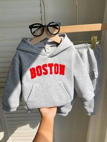 SHEIN 2 件婴儿男女通用服装，可爱灰色字母印花连帽衫和慢跑裤套装，婴儿冬装 - 彩色 - 查看 8