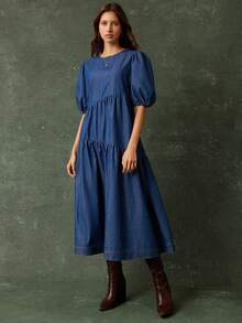 WESTFADE 泡泡袖不对称层叠牛仔中长连衣裙，适合女牛仔风格，可爱秋季波西米亚风装扮，乡村西部风情 - 中等水洗藍 - 查看 6