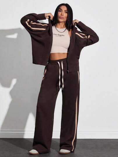 SHEIN Tall Chic Contrast – Brown Cotton Sweat Set With Beige Trim For Effortless Street Style / Elevated Essentials – Brown Loungewear Set With Beige Detailing