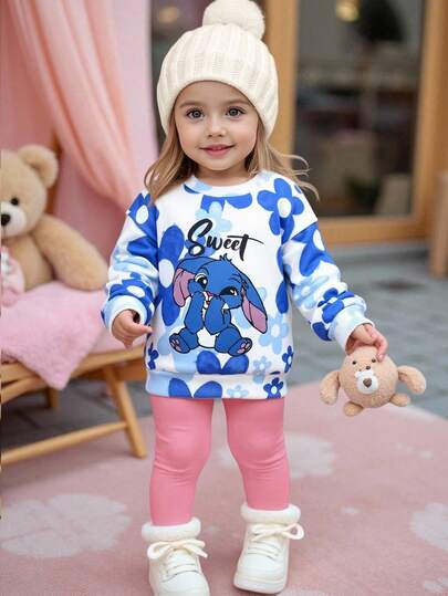 SHEIN Baby Boy Cute Casual Letter & Floral Print Versatile Crew Neck Long Sleeve Sweatshirt Autumn Winter Clothes For Women