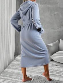 Women Heart Embroidery Detail Hooded Belted Robe - Grey - View 2