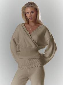 MUSERA Áo tay dài dệt kim mềm mại, kiểu dáng chéo, thắt eo, thích hợp cho mùa thu, ấm áp, dễ thương, thường ngày, đi quán cà phê, câu lạc bộ, năm mới, mùa xuân. - Màu Khaki - Xem 5