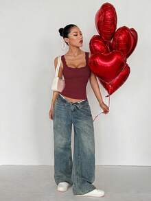 Flirla Lace Patchwork Neckline Red Tank Top For Women, Valentine's Day - Burgundy - View 3