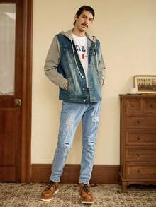 RivetRise 前卫男士中度水洗阔腿牛仔裤，带拉链细节，长款纯色设计，休闲穿着 - 淺色水洗藍 - 查看 9