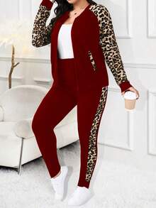 SHEIN LUNE Plus Size Leopard Print Patchwork Jacket And Pants 2 Pieces Set, Autumn - Burgundy - View 4