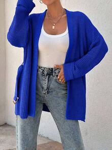 EURMUSE Women Oversize Asymmetric Shaped With Belt Detailed Rib Knitted Cardigan - Blue - View 5