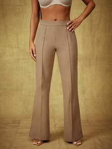 Vixey Khaki Solid High Waist Seam Detail Straight Leg Pants, Party Wear, Elegant - Brown - View 2