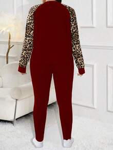 SHEIN LUNE Plus Size Leopard Print Patchwork Jacket And Pants 2 Pieces Set, Autumn - Burgundy - View 2