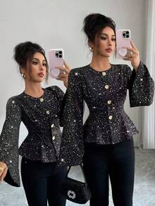 Elenzga Women's Round Neck Cinched Waist Ruffle Hem Shiny Silver Lightweight Jacket