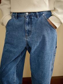 Manfinity Homme Quần jeans denim ống đứng màu xanh dương giặt thường ngày có túi hộp, mùa thu - Màu xanh lam - Xem 7