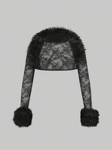 ROMWE J-Fashion Y2K 性感蕾丝拼布黑色毛领短款开衫，可搭配吊带背心或连衣裙 - 黑色 - 查看 5