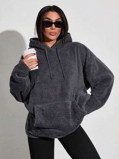 SHEIN Women's Casual Solid Color Drawstring Hooded Fleece Sweatshirt