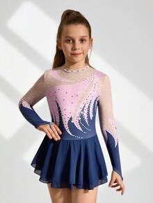 SHEIN 青少年女孩花样滑冰裙，优雅闪亮水钻比赛和训练服，舒适合身网眼裙，粉色和蓝色印花设计，长袖弹力雪纺裙，防走光，适合校园、比赛、花样滑冰 - 粉色 - 查看 7