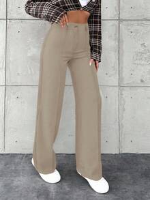 EURMUSE 女式纯色简约休闲西装裤 - 米色 - 查看 5