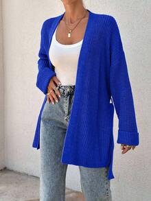 EURMUSE Women Oversize Asymmetric Shaped With Belt Detailed Rib Knitted Cardigan - Blue - View 4