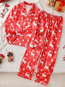 2件套少女鹿纹长袖开衫和休闲裤舒适家居服 - 紅色 - 查看 10