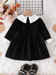 SHEIN Baby Girl Halloween Color Block Bow Decor Dress - Black - View 2