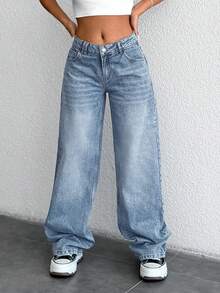 SHEIN Tall Tall Low Waist Medium Washed Wide Leg Boyfriend Jeans - Medium Wash - View 5