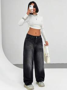 EURMUSE Quần jean denim lưng cao cổ điển cho nữ, thẳng màu đen, giặt máy - màu đen - Xem 4