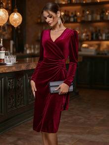 Balvessa 天鹅绒交叉裹身裙 酒红色 长款女装 - 酒紅色 - 查看 1