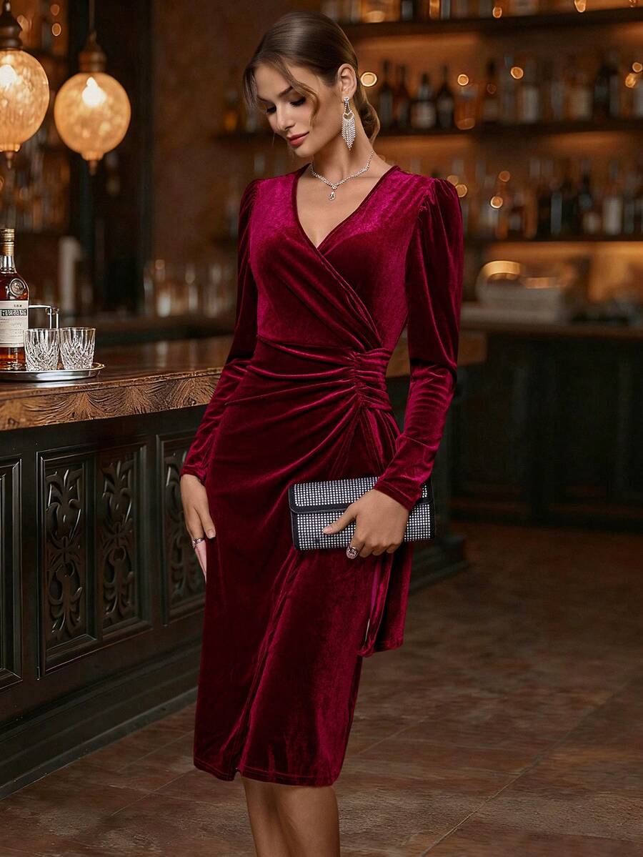 Balvessa 天鹅绒交叉裹身裙 酒红色 长款女装 - 酒紅色 - 查看 1