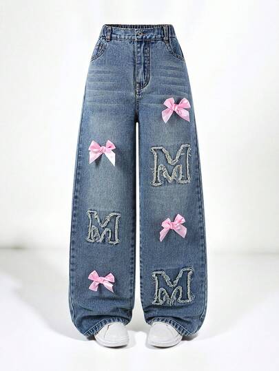少女刺绣字母 3D 蝴蝶结复古牛仔阔腿裤，时尚百搭甜美酷炫校园街头风格，适合春、夏、秋、冬，适合休闲、上学、拍照、郊游