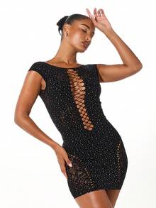 SUMWON WOMEN Lace-Up Plunging Neckline Bodycon Mini Dress With Rhinestone Embellished Pattern And Cut-Out Details - Black - View 4