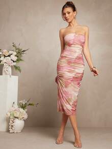 L'Amorae Vestido elegante feminino com estampa floral e franzido - Rosa - Ver 4