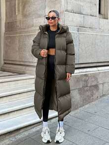 EURMUSE Contrast Zip And Puller Detailed, Keep Warming Feature Long Line Puffer Winter Coat - Khaki - View 4