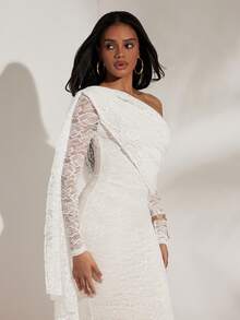 Opulessa Casual Solid Color Knit Lace Asymmetric-Shoulder Long Dress For Women, Wedding Guest Outfits, Autumn Winter Women, New Year Look, Thanksgiving Outfits, Elegant Dresses Party, Luxury Evening Dresses For Weddings, Sexy Club Outfits, Casual Dress