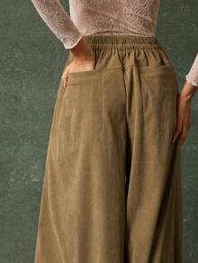 WESTFADE 高腰抽绳腰部纽扣前开超宽腿灯芯绒裤休闲可爱秋季波西米亚风乡村西部风服装 - 卡其色 - 查看 4