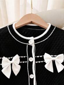 Tween Girl Handmade 3D Bow Long Sleeve Knitted Cardigan And Ruffle Hem Knitted Mini Skirt Set, Autumn/Winter Girls Sweater Sets Girl Black White Clothes Tween Matching Set Knit Girls Black And White Rib Skirt Girl Knit Set - Black - View 5