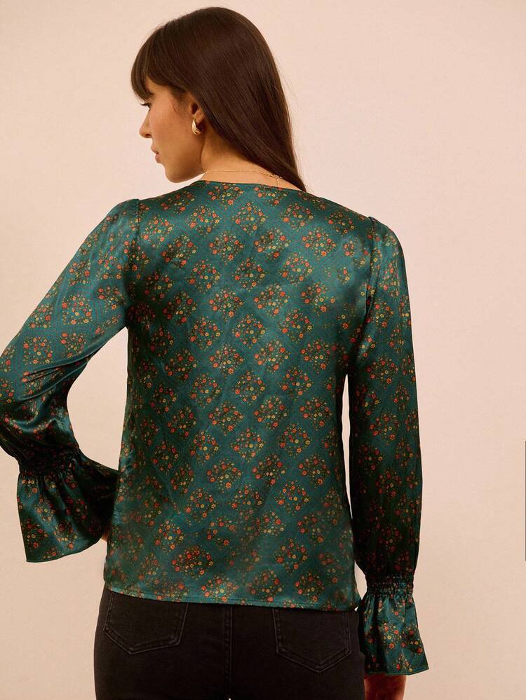 Satin Floral Blouse With V-Neck And Ruffled Cuffs Spring Women Spring Summer Business Casual Top Winter Office