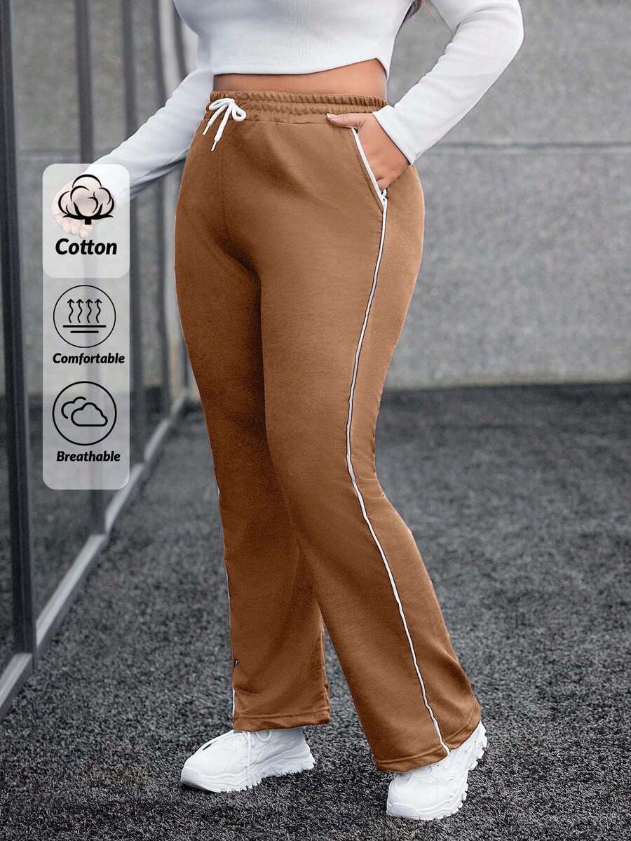 EURMUSE Plus Size Contrast Trim Pocket Drawstring Waist Casual Sweatpants - Camel - View 1