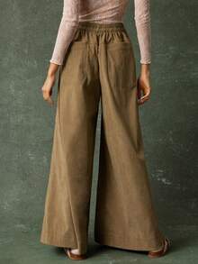 WESTFADE 高腰抽绳腰部纽扣前开超宽腿灯芯绒裤休闲可爱秋季波西米亚风乡村西部风服装 - 卡其色 - 查看 2