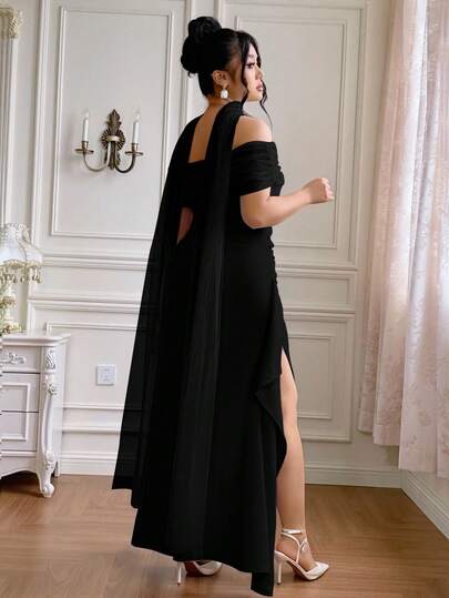 Roveilla Vestido elegante y fluido con hombros descubiertos, abertura y espalda descubierta, apropiado para fiestas y uso diario, tallas grandes para mujeres