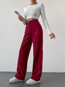 SHEIN Cottnline Solid Straight-Legged Suit Trousers With Pockets And Zipper - Burgundy - View 4