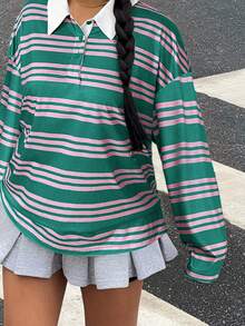 Muchica Plus Size Striped Lapel Loose Sweatshirt In Fall/Winter - Green - View 7