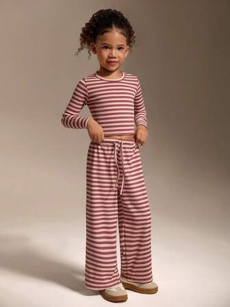 SHEIN Young Girls 2pcs Striped Long Sleeve Round Neck T-Shirt And Wide Leg Pants Set, Casual Striped Outfit For Home, Leisure, Outdoor Sports