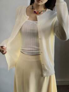 Livesso Autumn/Winter Yellow Beaded Shiny 3D Bow Knit Cardigan, Elegant For Wedding & Party - Beige - View 5