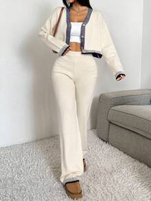 EURMUSE Women's Casual Contrast Trim Cardigan And Knit Pants 2 Pieces Set, Autumn/Winter - White - View 6