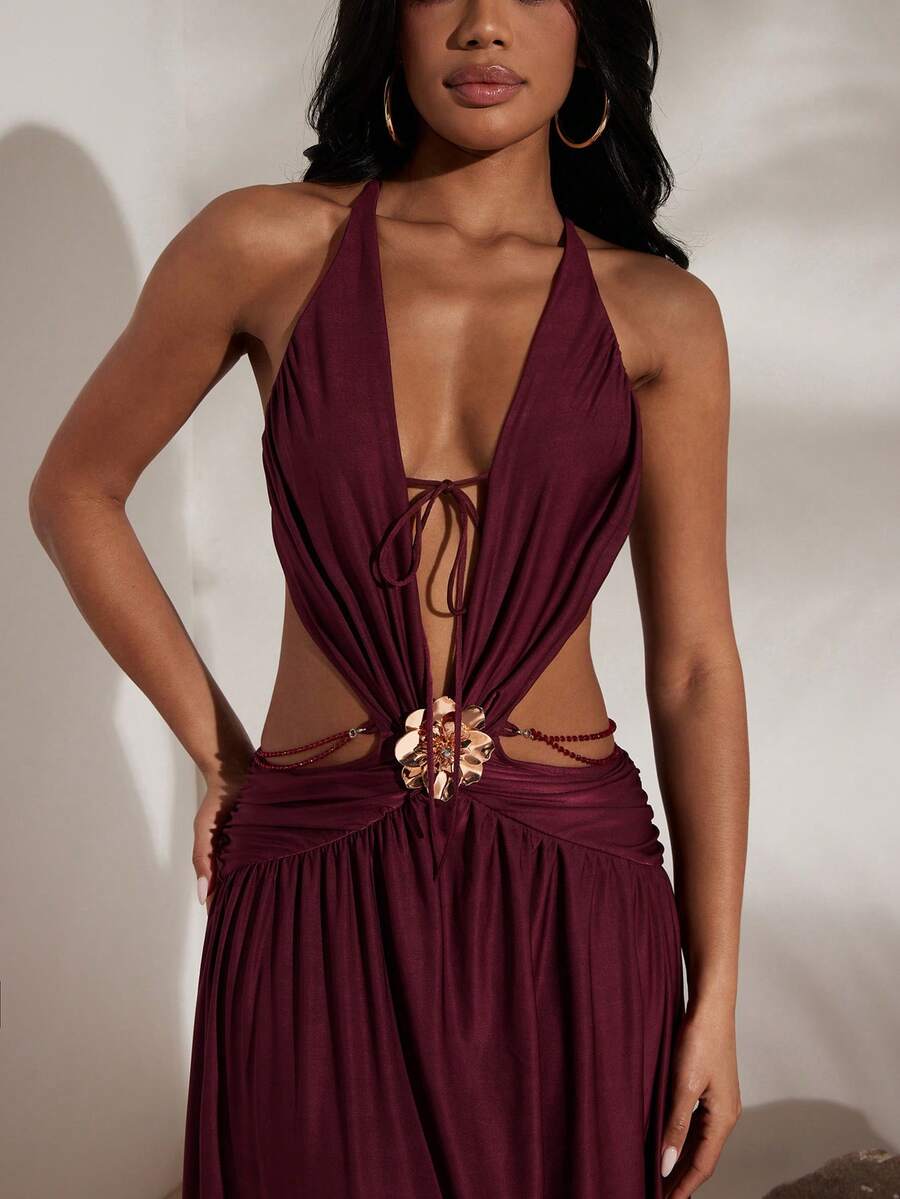 Opulessa Einfarbiges, gestricktes Neckholder-Kleid mit rückenfreiem Schlitz für Damen, Urlaub, Weihnachten, Neujahr, Thanksgiving-Outfits, elegantes Party-Outfit, luxuriöse Abendkleider für Hochzeiten, Herbst-Winter-Kleidung, Abschlussfeier, Ballkleid - Bordeaux - Übersicht 1